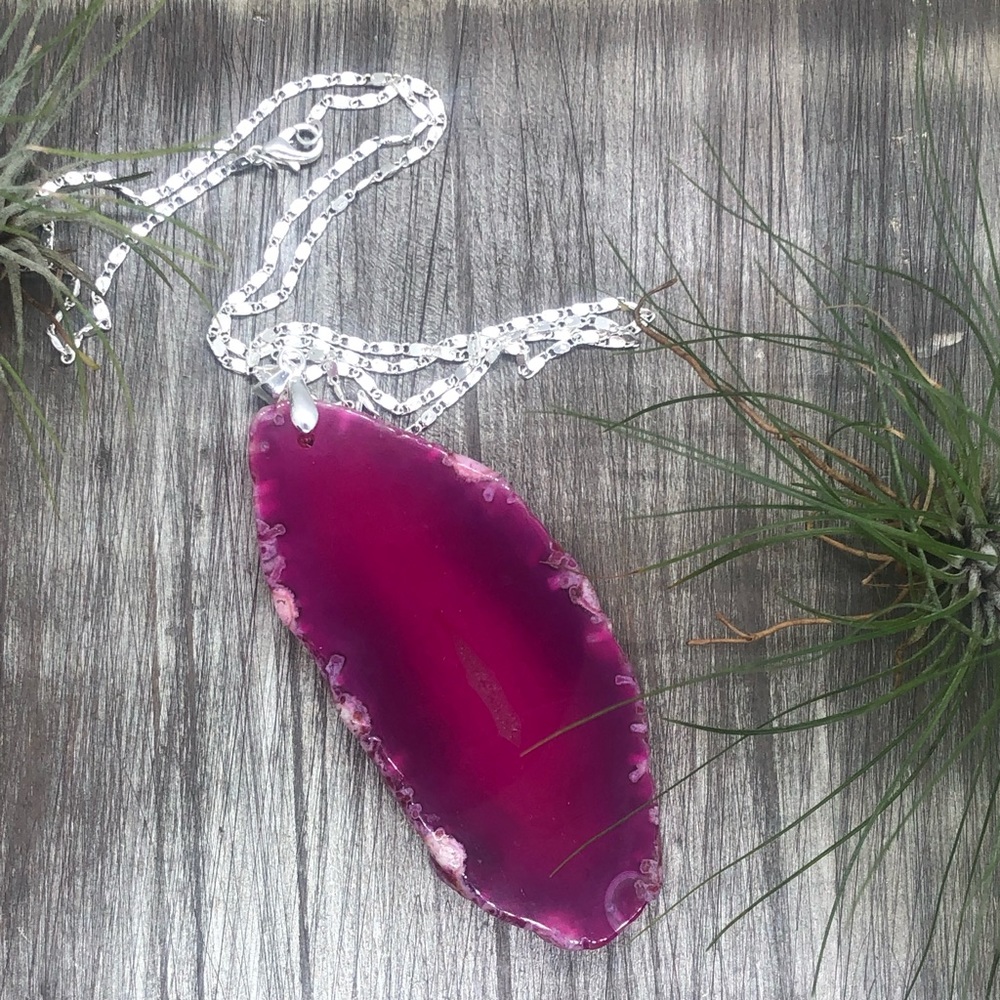 Wear your crystals! Pink agate slice necklace